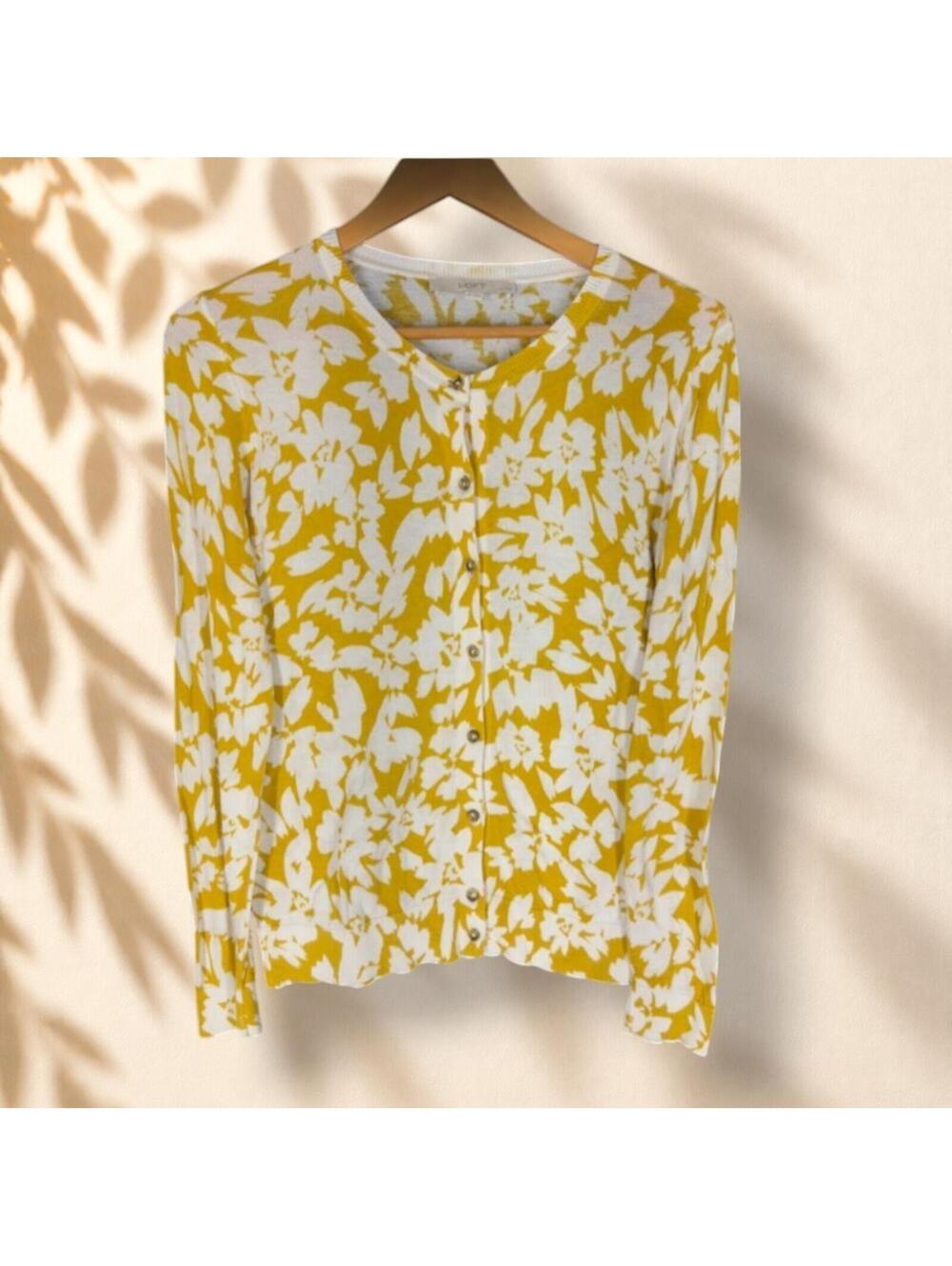 Loft Cardigan Women PM Petite Yellow Floral Button Up Knit Long Sleeve Soft